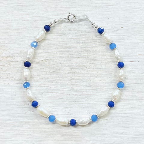 Sterling Silver Freshwater Pearl and Blue Beaded Bracelet