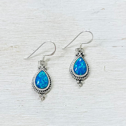 Sterling Silver Teardrop Blue Created Opal Earrings