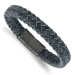 Stainless Steel and Grey Leather Braided Bracelet