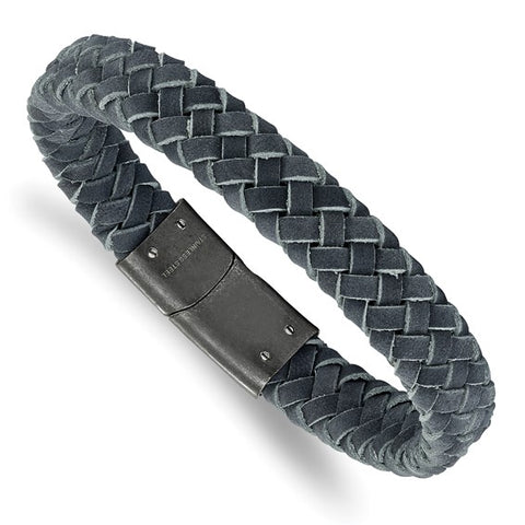 Stainless Steel and Grey Leather Braided Bracelet