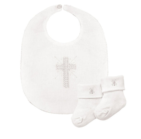 Embroidered Cross Sock & Bib Set