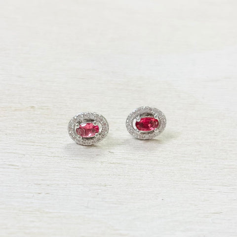 Sterling Silver Pink CZ Oval Halo Studs