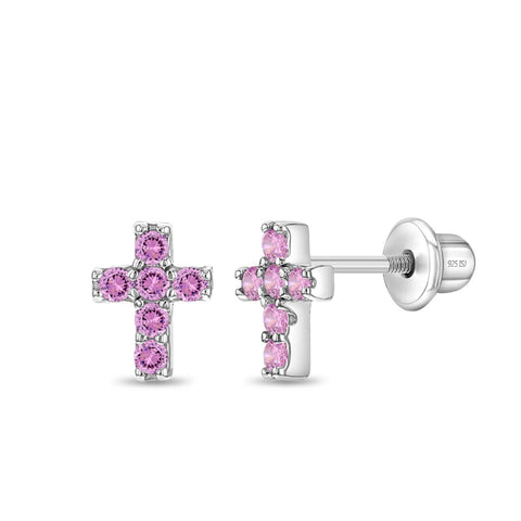 Sterling Silver Pink CZ Cross Earrings