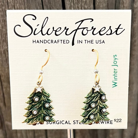 Silver Forest Christmas Tree with Clear Stones Earrings