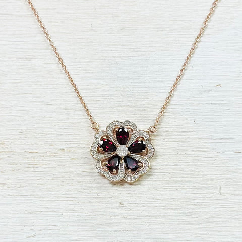 Sterling Silver Rose Gold Plated Garnet Flower Necklace