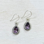 Sterling Silver Rimmed Pear Shape Amethyst Earrings