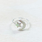 Sterling Silver Created White Opal Moon & Star Ring