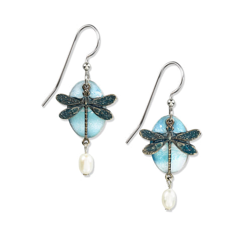 Silver Forest Blue Dragonfly & Pearl Earrings