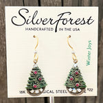 Silver Forest Christmas Tree with Red Stones Earrings