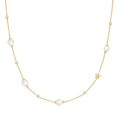 Gold Pearl and Star Station Necklace