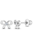 Sterling Silver Child In Season Bow Stud Earrings with Center CZ Stone