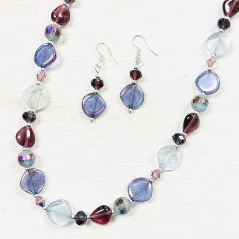 Fashion Purple Glass Bead Necklace and Earring Set