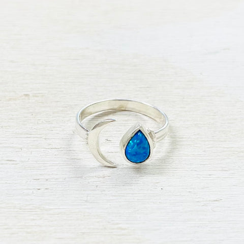 Sterling Silver Created Opal Moon Ring