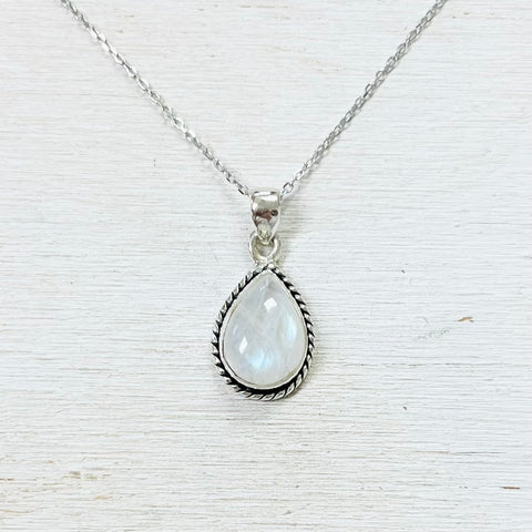 Sterling Silver Teardrop Rainbow Moonstone Necklace