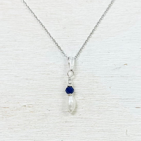 Sterling Silver Freshwater Pearl with Blue Crystal Necklace