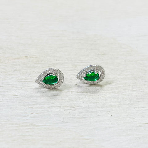 Sterling Silver Green CZ Teardrop Halo Studs