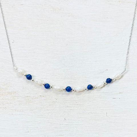 Sterling Silver Blue Lapis and Freshwater Pearl Necklace