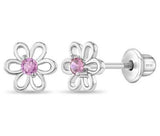 Sterling Silver Child In Season Flower Earrings with Pink CZ Center