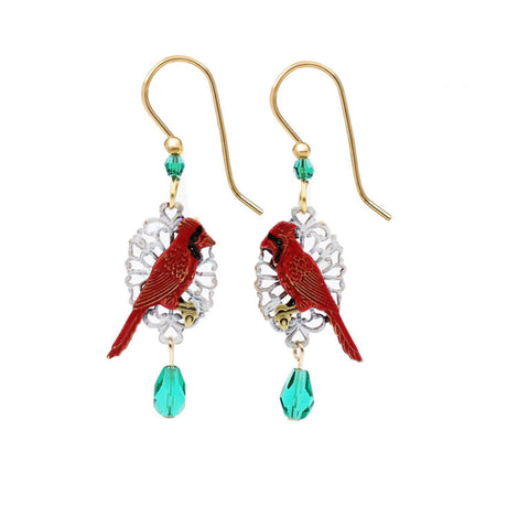 Silver Forest Christmas Cardinal Earrings