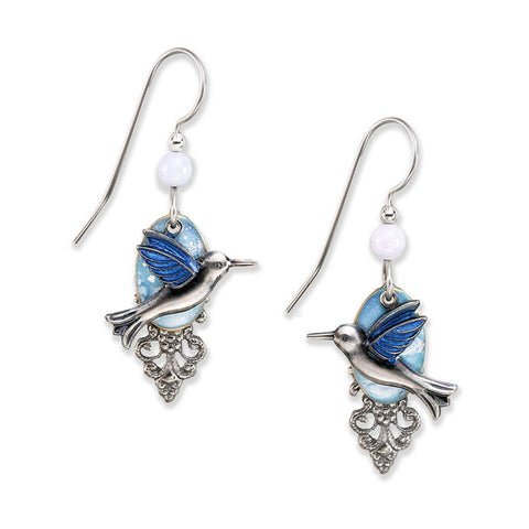 Silver and Blue Hummingbird on Cloud Earrings