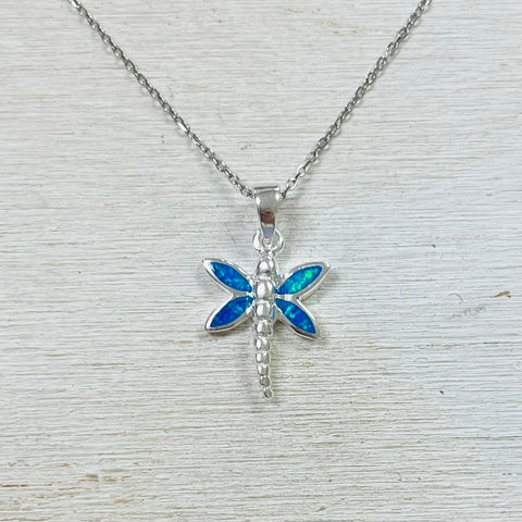 Sterling Silver Created Opal Dragonfly Necklace