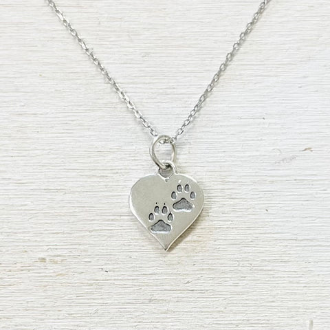 Sterling Silver Paw Print Heart Necklace