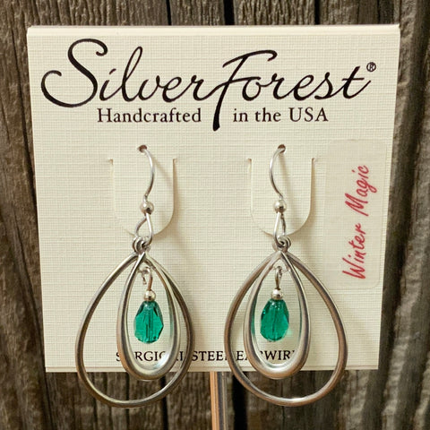 Silver Forest Green Stone Teardrop Earrings