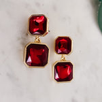 Fashion Gold Tone Double Red Stone Dangle Earrings