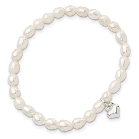 Sterling Silver Freshwater Cultured Pearl w/ Heart Children’s Stretch Bracelet