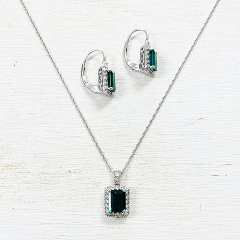Sterling Silver Emerald Green Estate Necklace & Earring Set