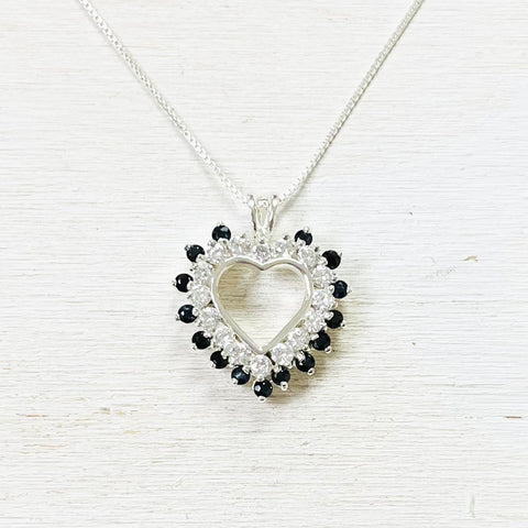 Sterling Silver Estate Black and Clear Stone Heart Necklace