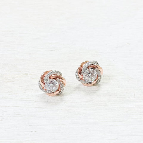 Sterling Silver Rose Gold Plated CZ Swirl Studs