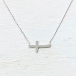 Sterling Silver Sideways CZ Cross Necklace