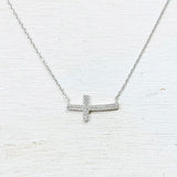 Sterling Silver Sideways CZ Cross Necklace
