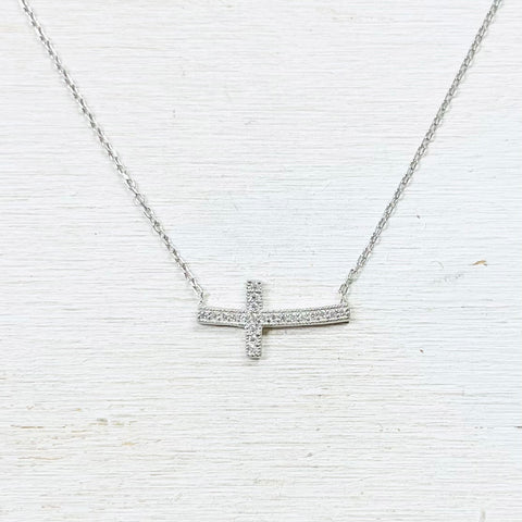 Sterling Silver Sideways CZ Cross Necklace