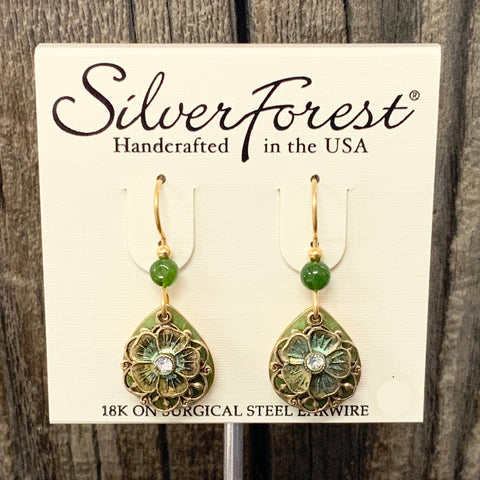 Silver Forest Green Flower Filigree Earrings