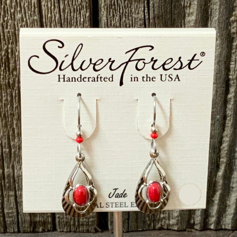 Silver Forest Red Jade Dangle Earrings