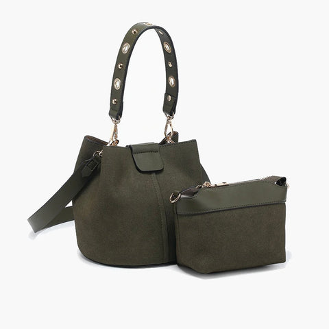 Farrah Suede Bucket Bag- Olive