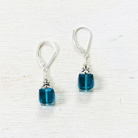 Sterling Silver Blue Crystal Cube Earrings
