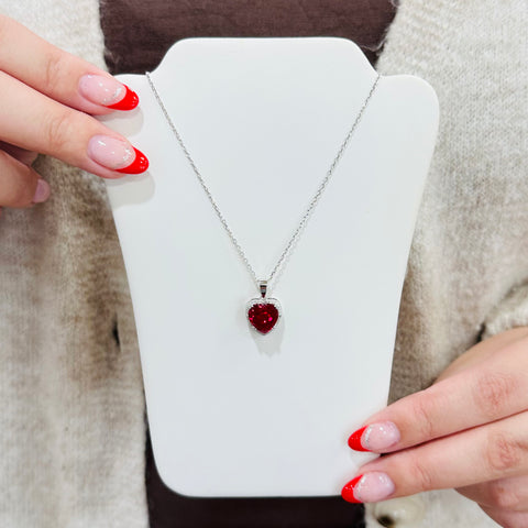Sterling Silver CZ/Red Heart Necklace