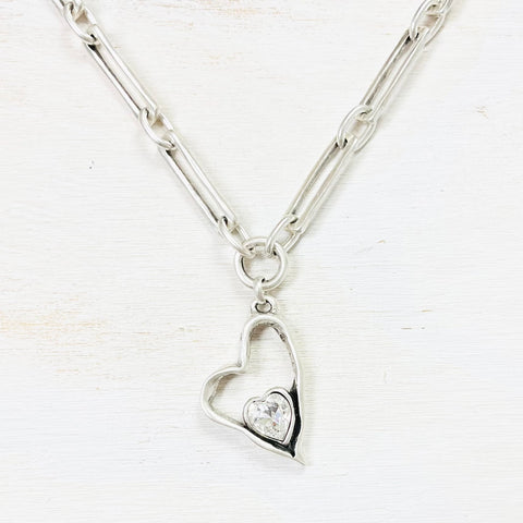 Fashion Long Link Necklace w/ Clear Heart Pendant