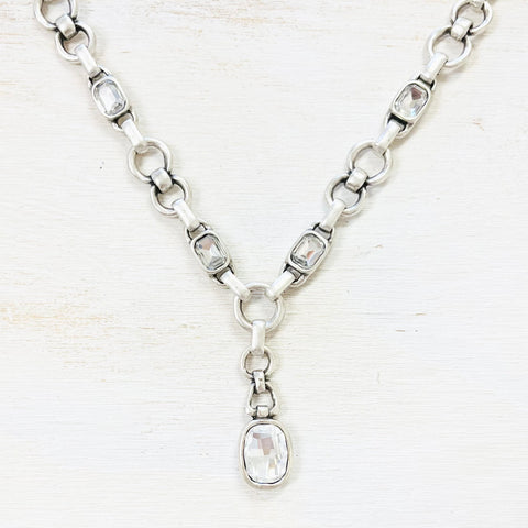 Fashion Silver Tone Chunky Link Drop Necklace with Clear Stones