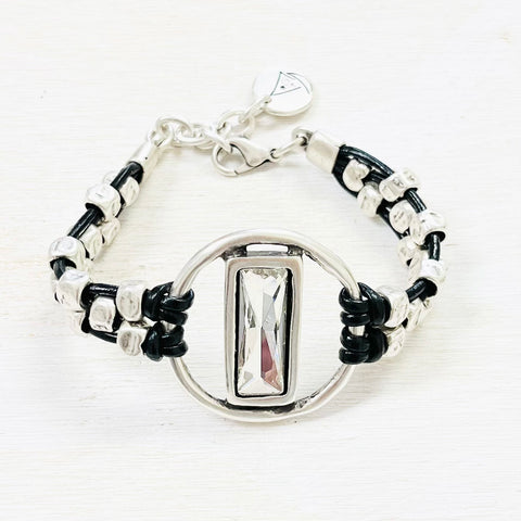 Fashion Silver Tone Black Cord Bracelet