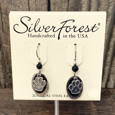 Silver Forest Black and Silver Paw Print Earrings