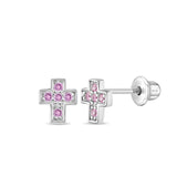 Sterling Silver Pink CZ Cross Studs