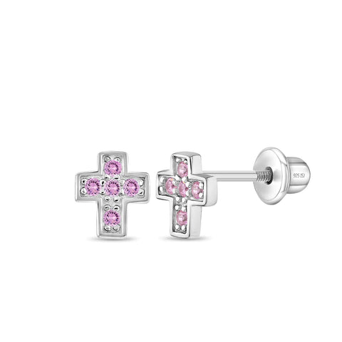 Sterling Silver Pink CZ Cross Studs