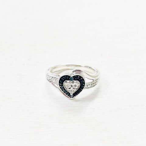Sterling Silver and Diamond Estate Blue Stone Heart Ring