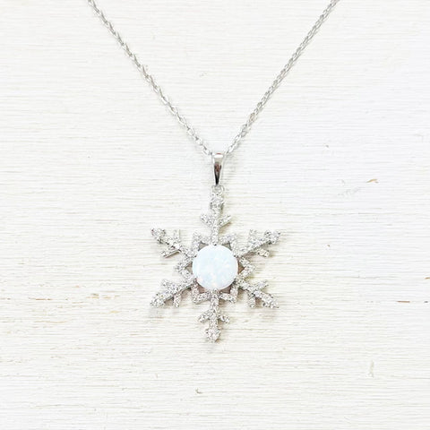 Sterling Silver CZ and Opal Snowflake Necklace