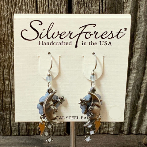 Silver Forest Moon and Stars Dangle Earrings