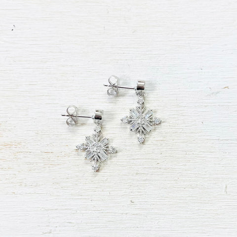 Sterling Silver CZ Snowflake Dangle Earrings